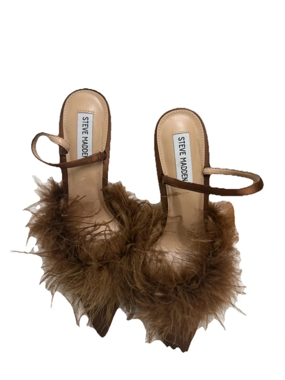 Steve Madden cocktail Satin Pumps and Feather Toe SlingBack Brown Heels Size 9